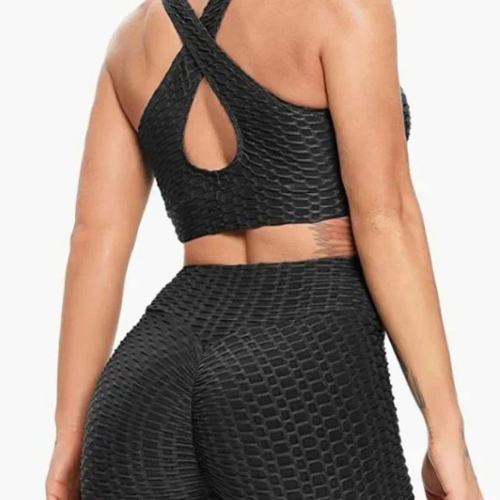Love J Two Piece Set Black Honeycomb Textured Sports Bra and Leggings Set